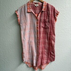 Umgee Bleached Shirt Dress Cap Sleeve Button Down Orange Plaid Women’s Size S